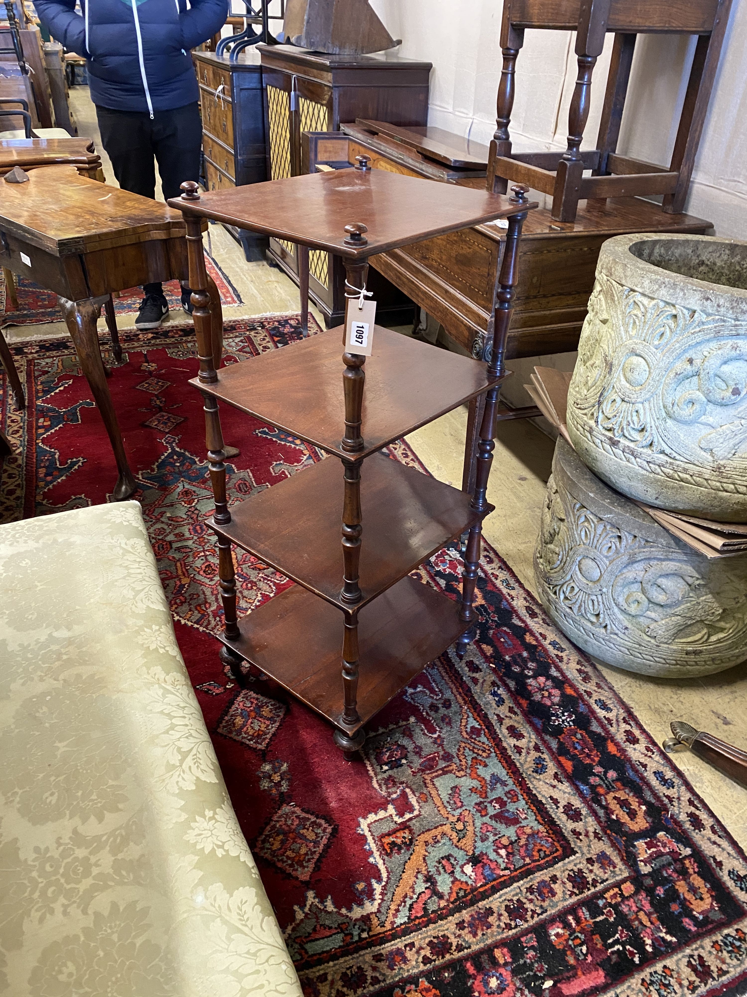 A Victorian mahogany four tier whatnot, width 42cm, depth 37cm, height 98cm